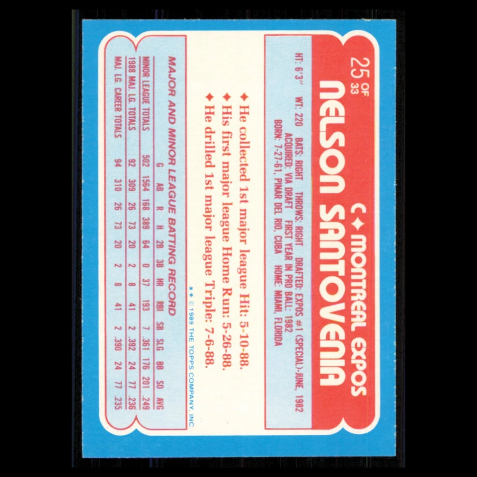 Nelson Santovenia Rookie #25 1989 Topps ToysRUs Rookies Montreal Expos Baseball - Image 2 of 3