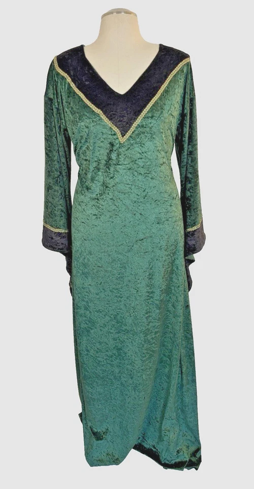 Túnica de vestido renacentista medieval con ribete negro/dorado de terciopelo triturado verde #32 Foto 3 de 4