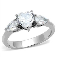 Women's Heart Ring, Clear CZ, Stainless Steel, Three Stone, Romantic Gift