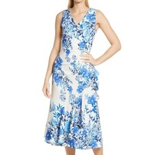 Eliza J NWT Midi Floral Print Sleeveless V-neck Faux Wrap Dress Size 12 Blue