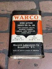 RARE Warco Brooklyn N.Y  Shock Oil Tin W/ Cap Warwick Laboratories Co. Pint Size