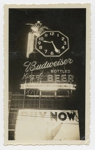 Vintage ca-1942 Snapshot Photograph Budweiser Outdoor Neon Sign Clock St. Louis?