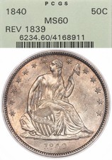 1840 50C PCGS MS60 OGH Reverse 1839 Small Letters Seated Liberty Half Dollar