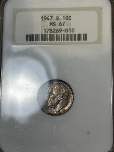 1947-S NGC MS67 Roosevelt Dime 10c, Superb Gem Vintage Fatty, Full Hologram Tone