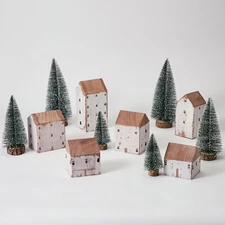 12 Pcs Christmas Village Set - 6 Wooden Houses and 6 Snowy Trees, Farmhouse Chri