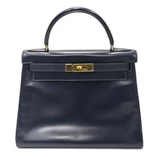 Hermes Kelly 28 Handbag Box Calf Blue Marine with Dust Bag Keys 1987 #KN022