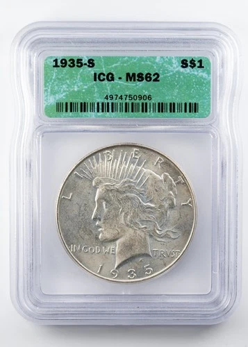 Certified 1935-S Peace Dollar ICG MS62 Silver $1