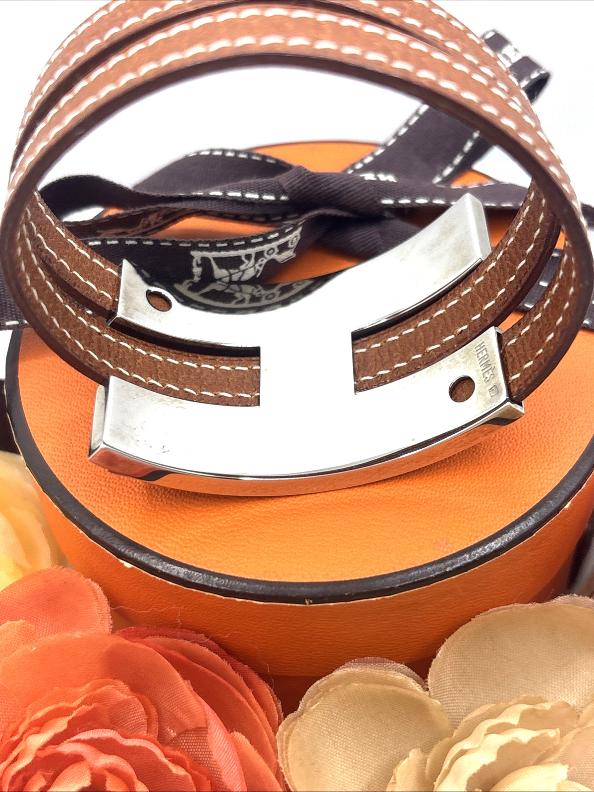 HERMES Pousse Pousse Silver Logo Double Wrap Bracelet Tan Brown Leather RARE image 10