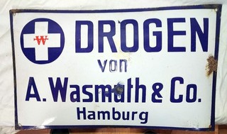 RAR ! Altes Emailleschild mit Aufschrift "DROGEN von A. Wasmuth & Co Hamburg"