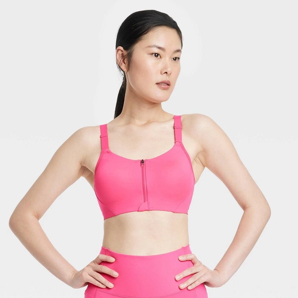 34D Neon Pink High Support Zip-Front Mesh Crossback Sports Bra