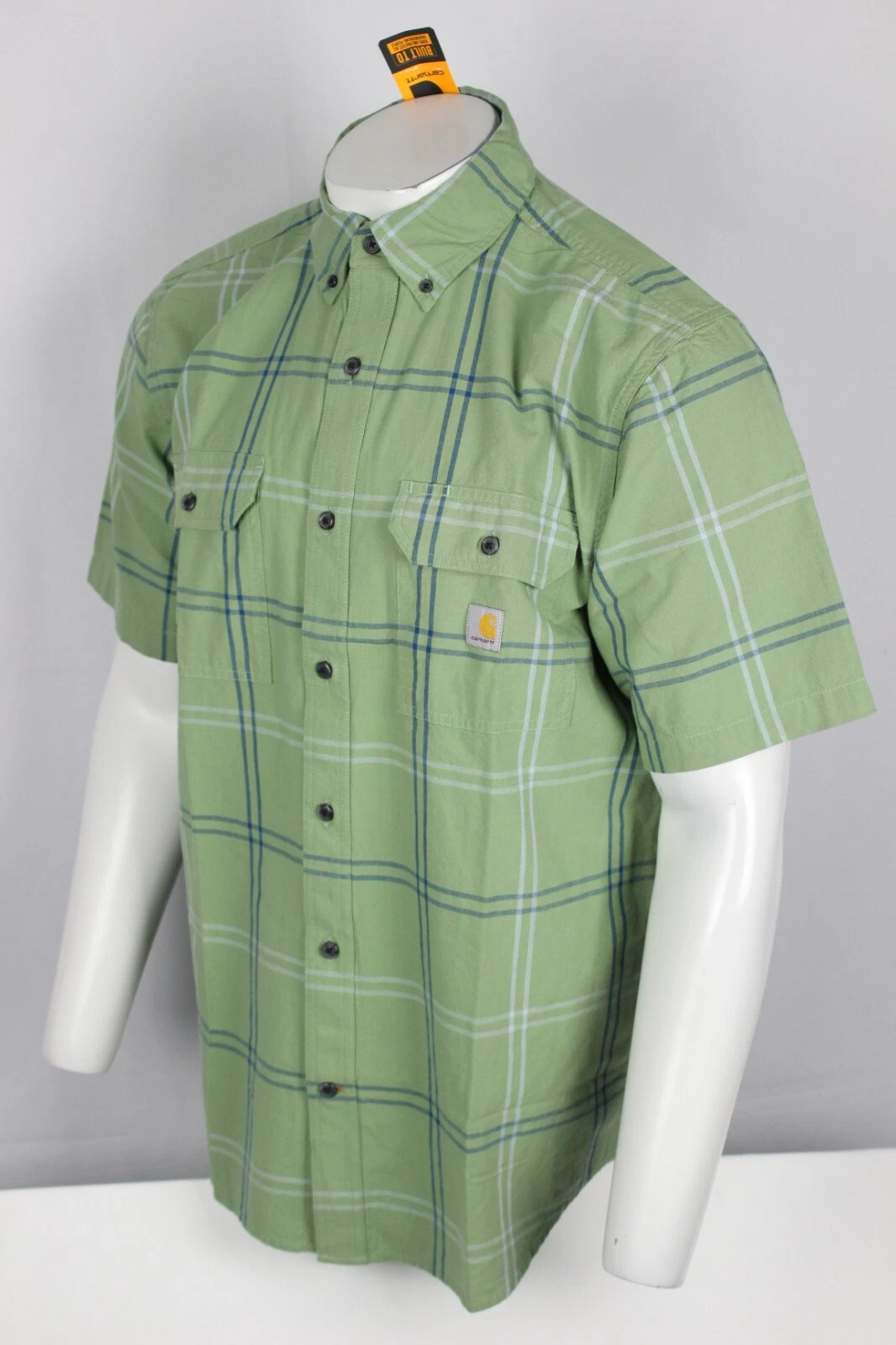 Carhartt Men's Midweight Button Shirt Short Sleeve Loose Fit Green Plaid 106140