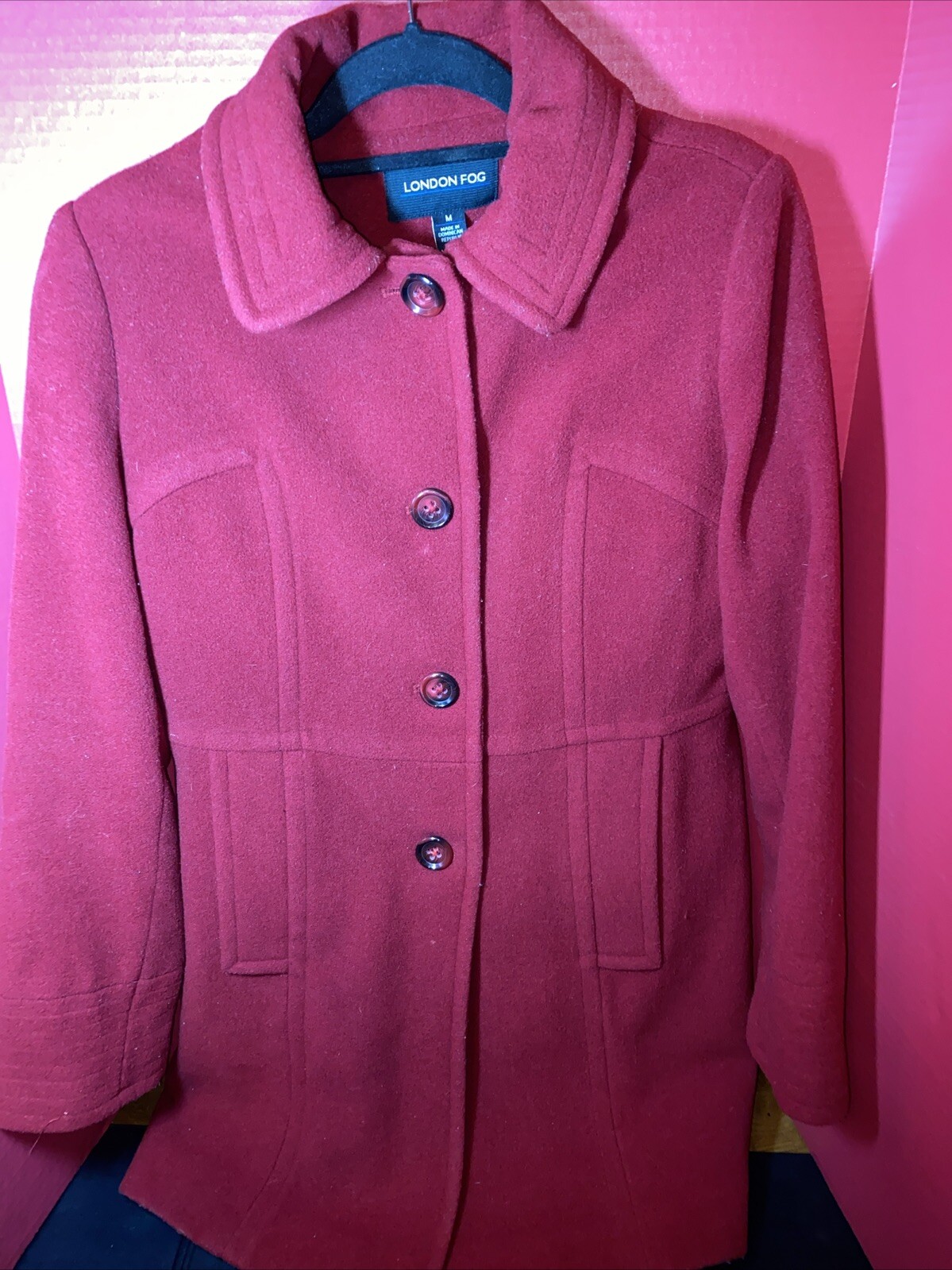 Women's Mid-Length Cranberry Red Wool Blend Pea Coat by London Fog Size Medium