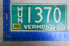 Vermont License Plate Tag 1967 67 1968 68 VT Municipal MUN Police Cop Town #1370