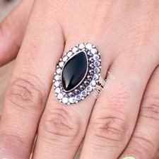 Black Onyx Gemstone 925 Sterling Silver Girl's Wedding Ring Handmade Jewelry