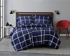 Printed Windowpane White and Navy Polyester 2-Piece Twin Comforter Set, Geometri