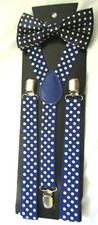 Kids Teens Blue with White Polka White Bow Tie  Matching Y-Back Suspenders-New 