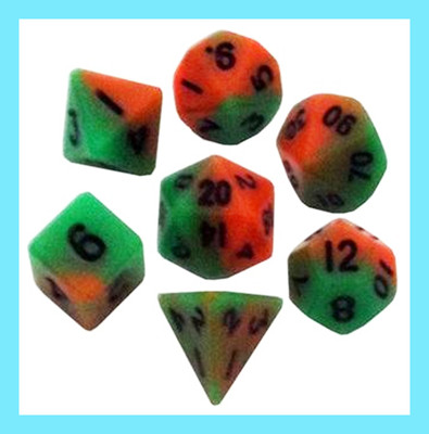 MDG POLYHEDRAL 7 DICE SET METALLIC ORANGE GREEN BLACK NUMBERS Gaming Die 60 Die