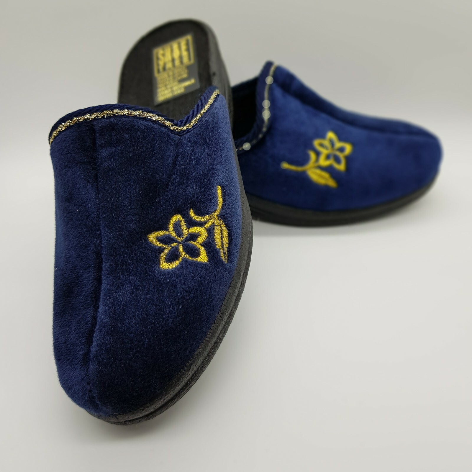 Womens Wedge Mule Slippers Ladies Slip On Embroidered Flower Velour