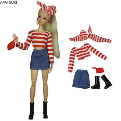APATSUKI Rot gestreifte Mode Kleidungsset für Barbie Puppe Outfits Oberteil Rock Schuhe