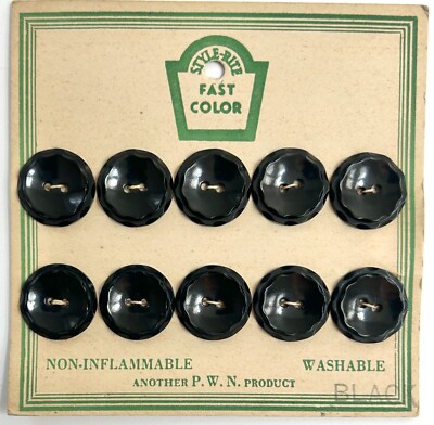 10 Vintage Black Plastic Buttons on Original Manufacturer's Card - 3/4'' Dia.