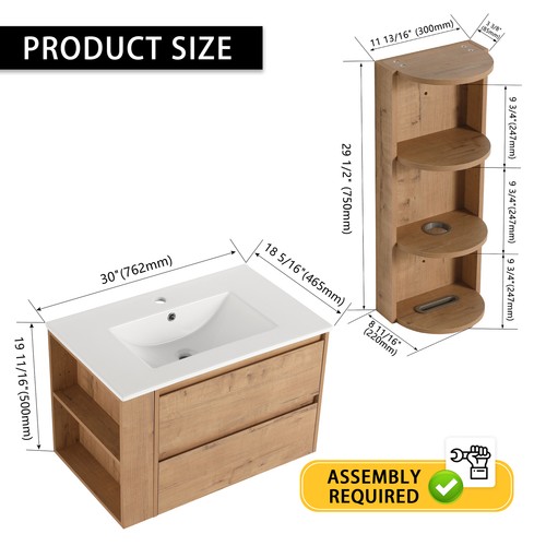 30" Plywood Wall-Mounted Bathroom Vanity Cabinet With Ceramic Sink +Storage Rack - Picture 17 of 24