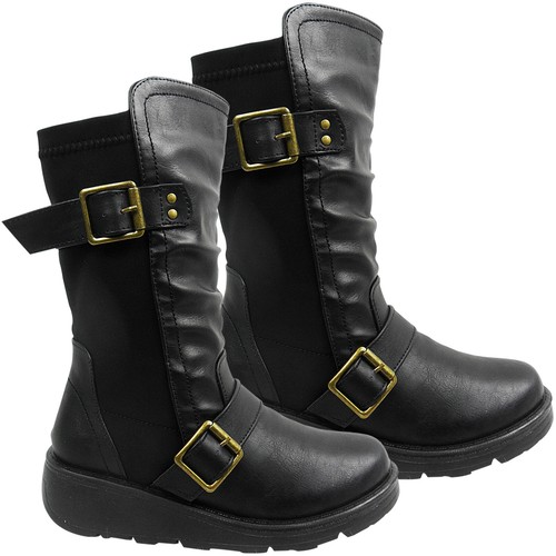 Tacón Cuña Baja Caña Alta Tira y Hebilla Elástico Panel Botas Ancho | eBay