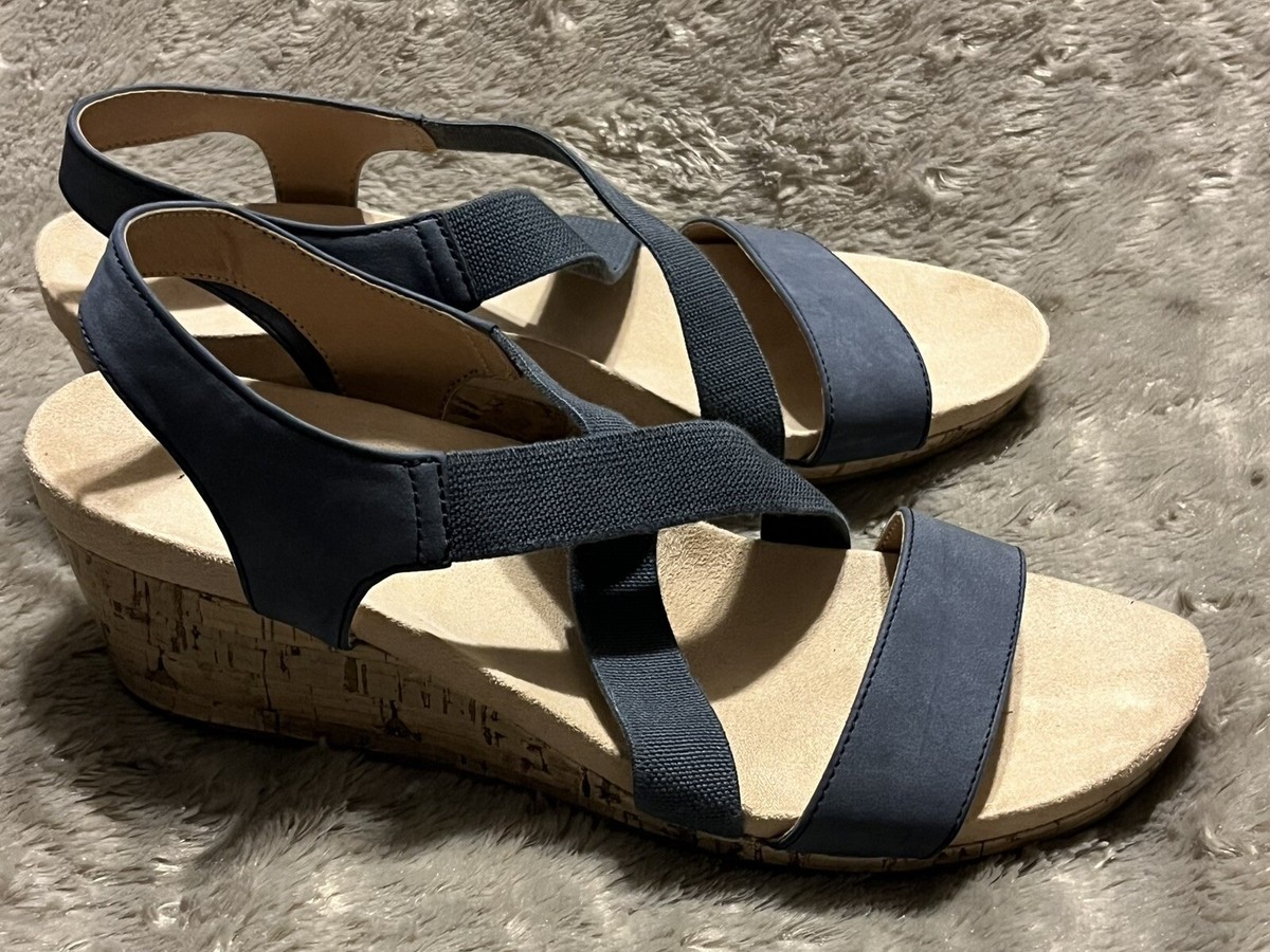 LifeStride Soft System Flex Blue Faux Suede Cork Wedge Sandals Womens Sz 9W