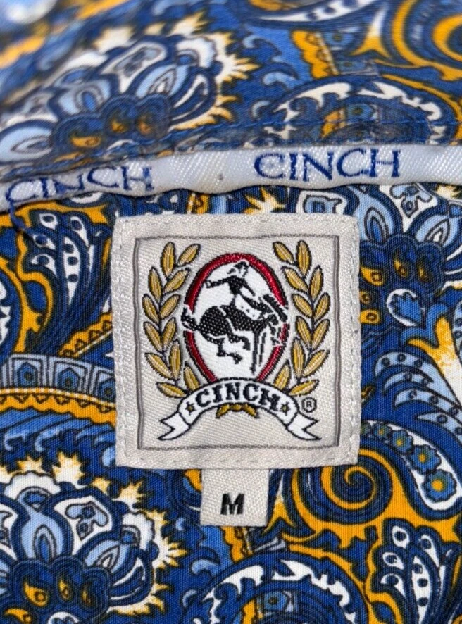 Camisa masculina Cinch tamanho M manga longa média botão azul laranja estampa paisley rodeio - Imagem 3 de 4