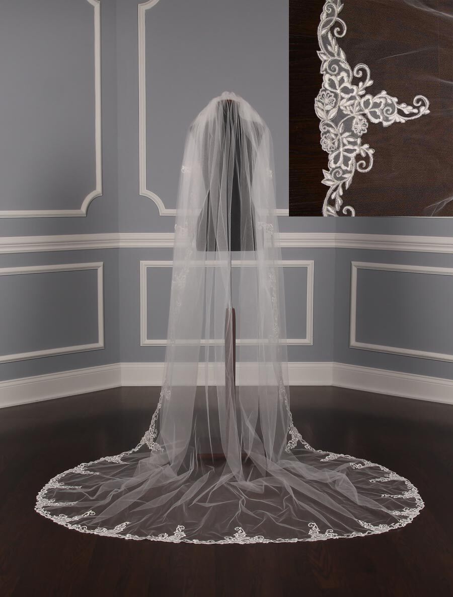 St. Pucchi M9339 Diamond White Silver Chapel Length Tulle Wedding Bridal Veil Wedding Veil With Pearls | Veils, and Capes | Grace + Ivory  main image 4