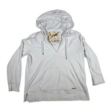 Michael Kors White Gold Logo V Neck Hoodie Sweatshirt Women's Hooded Size L