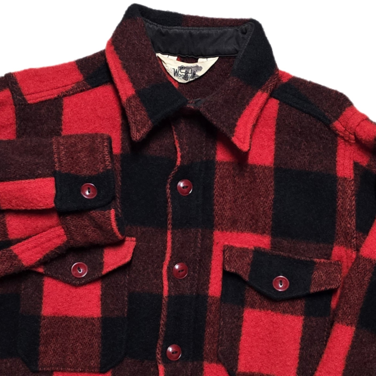 Vintage 70s Woolrich Buffalo Plaid Wool Mackinaw Hunting Jacket 16 L Shirt Red