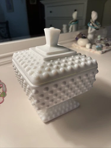 Vintage FENTON Hobnail Pedestal Footed Candy Dish With Lid White Milk Glass