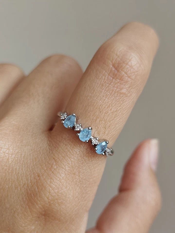Aquamarine pear cut half eternity  Adjustable silver  Plated Ring - Image 3 of 4