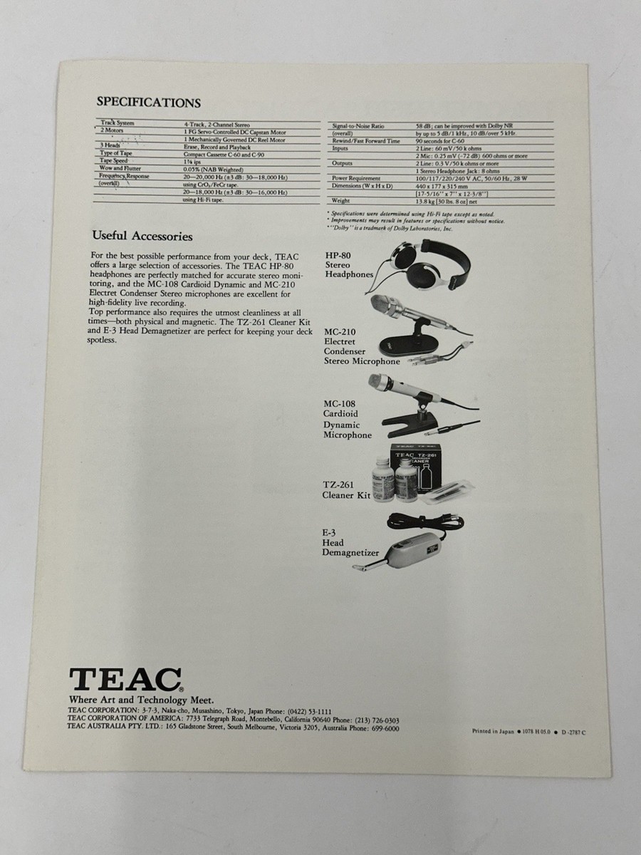 Teac A-800 A800 A 800 Cassette Deck Sales Brochure | eBay