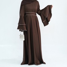 Muslim Women Beaded Maxi Dress with Flared Sleeves Dubai Evening Gown Robe Abaya
