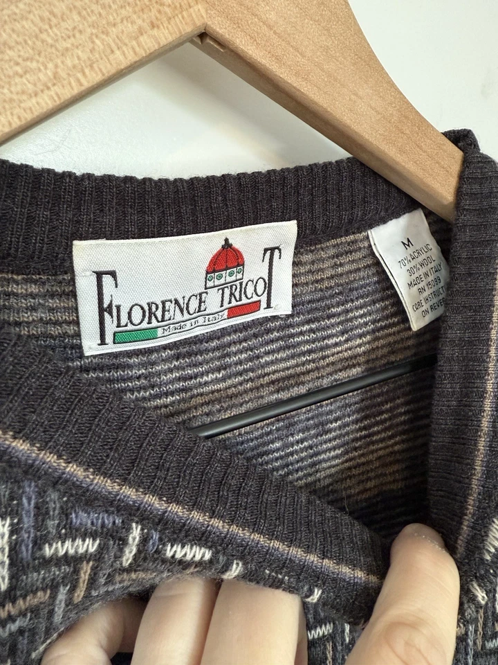复古 Florence Tricot 圆领针织爷爷毛衣 意大利制造 男式 M 二手状况完好 — 第 4/4 张图片