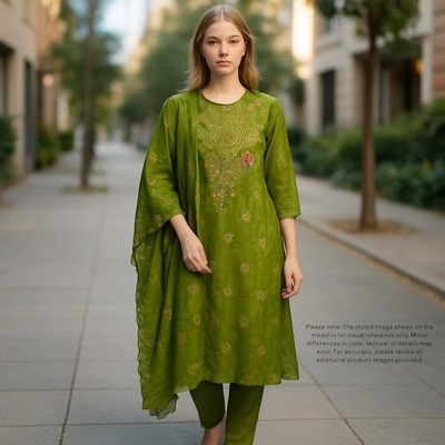 Women's Avocado Green 3pc Embroidered Lined Indian Kurta Pant Dupatta Set Sz L