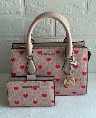 Michael Kors Small Satchel Powder Blush Pink MK Signature Heart Zip Strap Gold