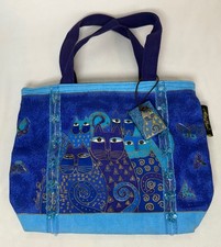 Laurel Burch Small Tote Bag With Wood Charm 11" x 3 x 8 Indigo Cats