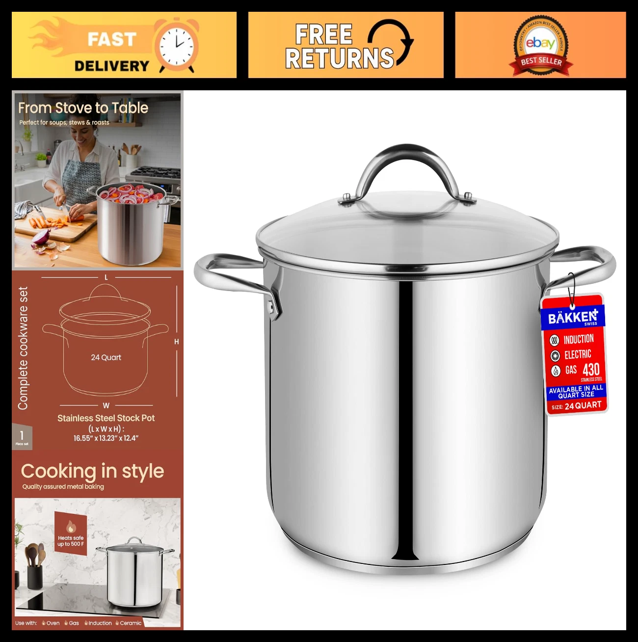 24 Quart Stainless Steel Stockpot with Glass Lid, Durable, Even Heating, Oven Sa