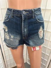 Women's Mossimo 7 Medium Hi Rise 100 Cotton Blue Distressed Denim Short Shorts