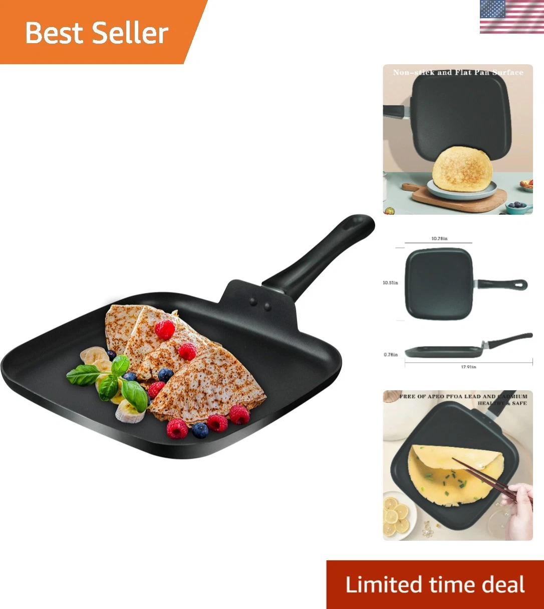 10 Inch Square Griddle Pan, Nonstick Grill Pan for Cooking Eggs, Omelettes, a...