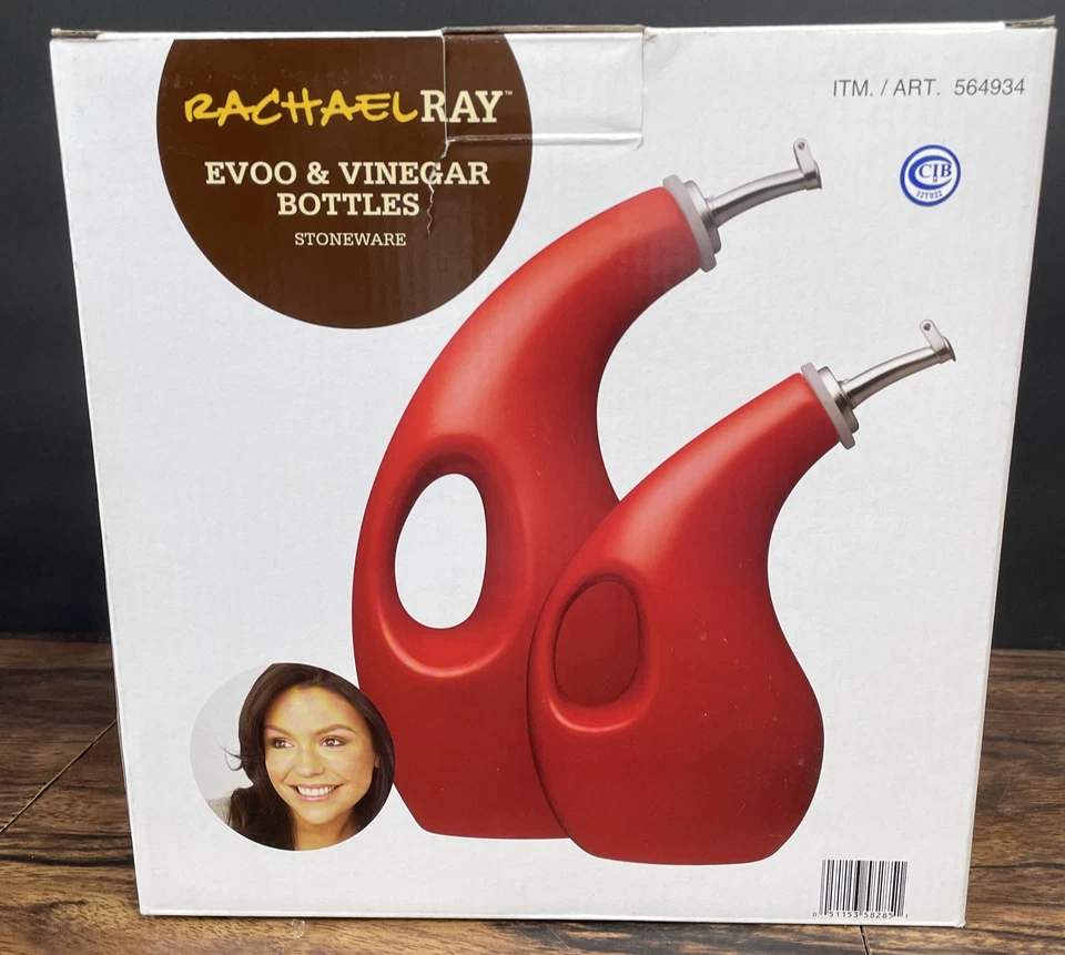 Neu im Karton Rachael Ray EVOO und Essig Flaschen rot Steinzeug Modell 564934