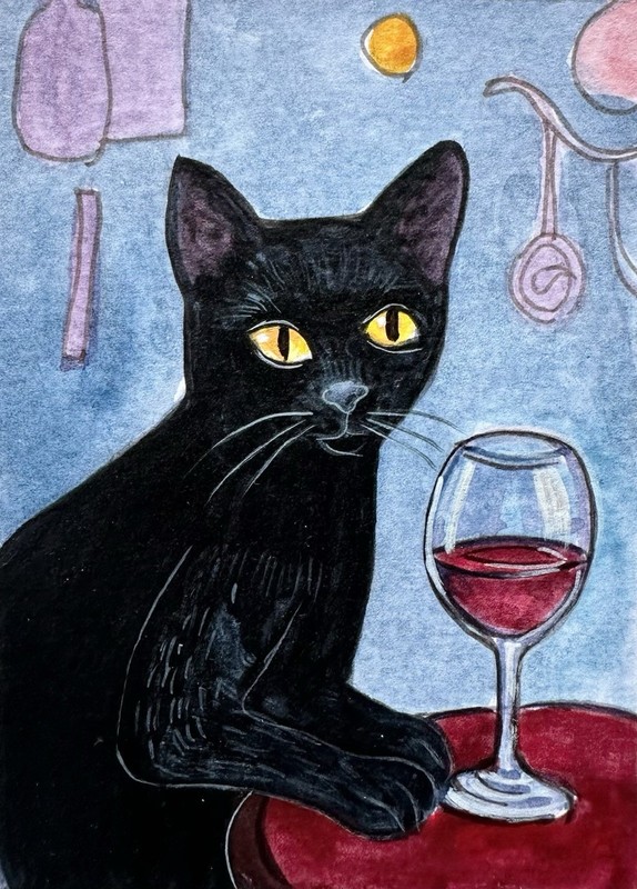 Original ACEO Black Cat Painting Miniature Art Card Ooak By Artist Dulshan C3