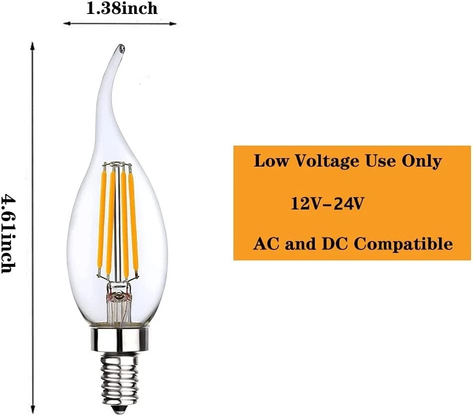 Low Voltage 12V 24V Candelabra E12 Base LED Light Bulb Flame Tip 40Watt Equivale - Image 4 of 4