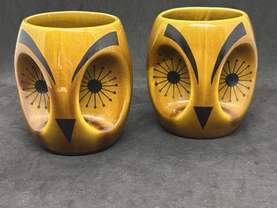 Pair MCM Atomic Owl Coffee Mug Portugal P2497 Vintage Gold Glazed Brown