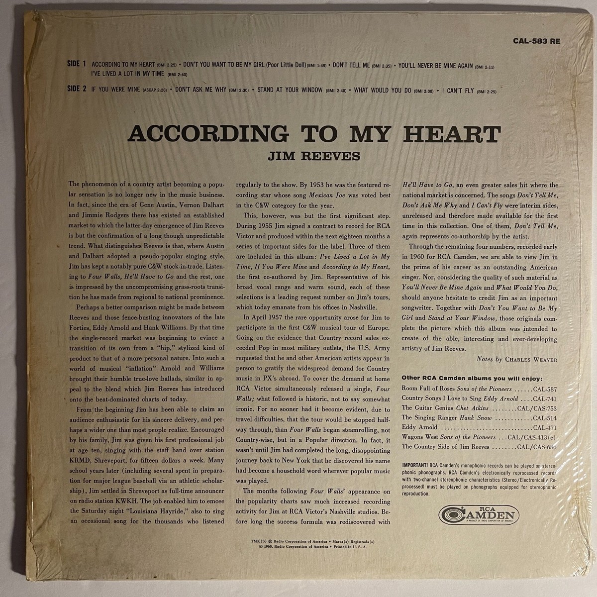 Jim Reeves ‎– According To My Heart Vinyl, LP 1960 RCA Camden