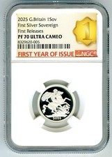 2025 GREAT BRITAIN 1SOV SILVER PROOF SOVEREIGN PF70 FIRST RELEASES YEAR OF ISSUE