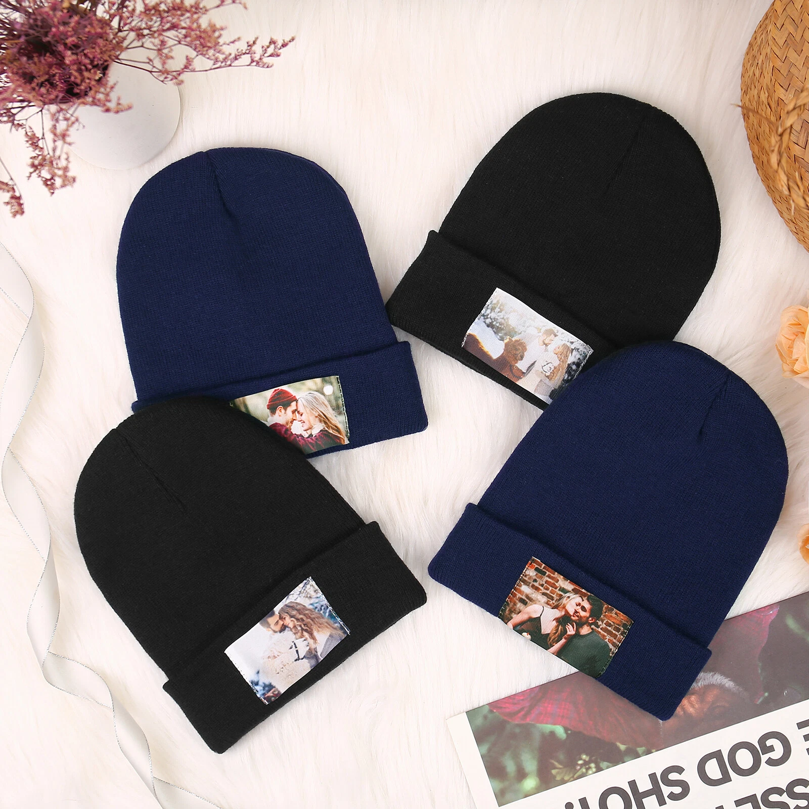 Personalized Printed Couples Beanie Set - Choice (Navy, Black or Navy & Black)