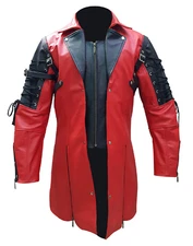 Mens Trench Style Coat Faux Leather Steampunk Goth Black & Red Coat Van Helsing